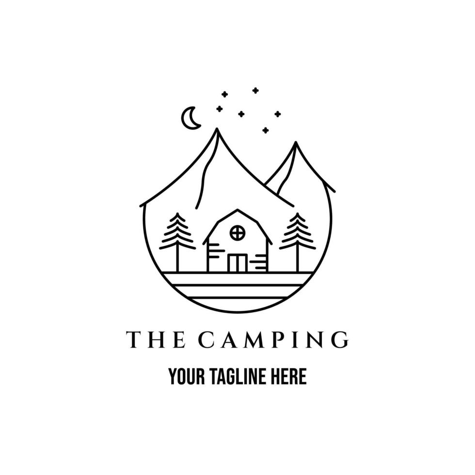 månen camping linjekonst minimalistisk logotyp illustration design kreativ ikon vektor