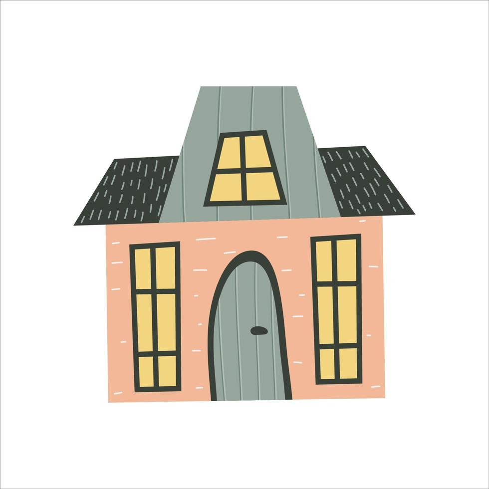 skandinaviskt hus med fönster isolerad på vit bakgrund. platt barnslig design. handritad illustration. färgat radhus med rund dörr vektor