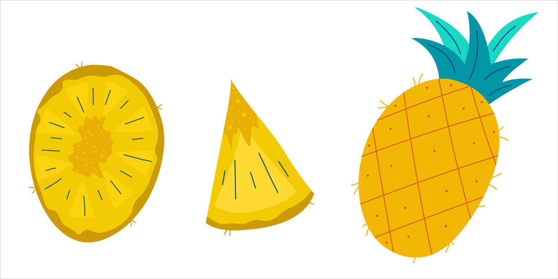 hel ananas och bitar i en uppsättning isolerad på vit bakgrund. söt sommarfrukt med gröna blad för design. platt vektorillustration. vektor