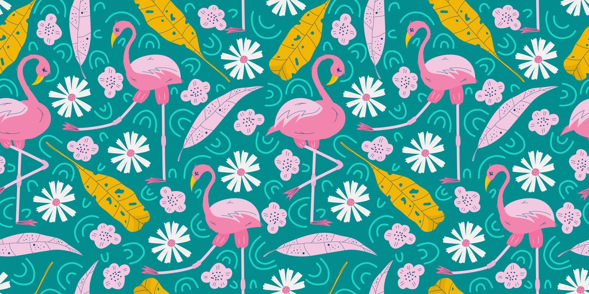 nahtloses sommermuster mit rosa flamingo und tropischen blättern und gänseblümchen. gelbe blätter und flamingo auf grünem hintergrund für kinderdesign. flache vektorillustration. vektor