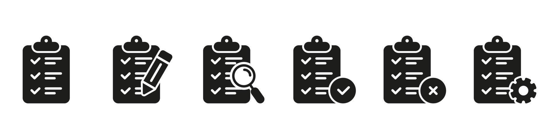 checklista ombord med penna, redskap, förstoringsglas siluett ikoner. affärsschema, checklista på urklippstavlan. uppsättning urklipp för not siluettikonen. isolerade vektor illustration.