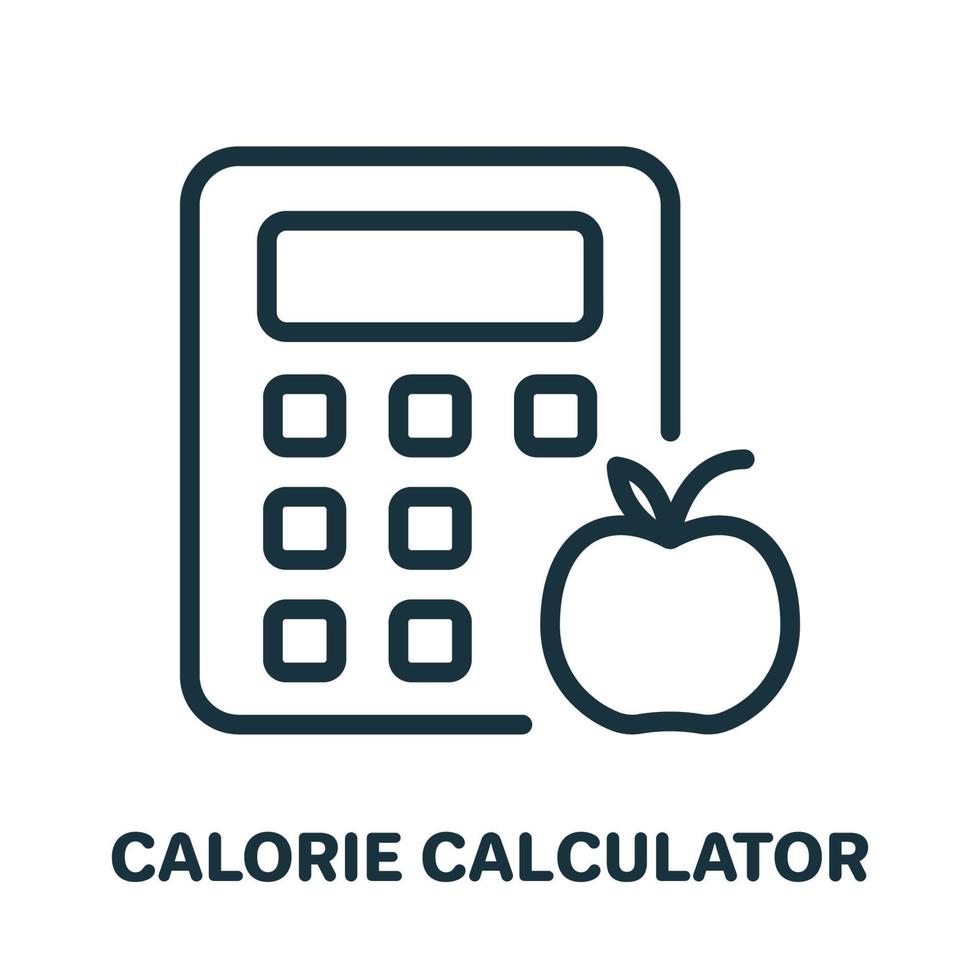kalori kalkylator linje ikon. räkna kalorier koncept linjär piktogram. beräkna kcal för hälsosam kost konturikon. isolerade vektor illustration.