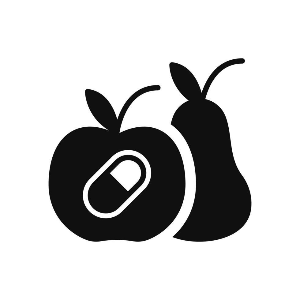 syntetisk mat siluett ikon. tillsatstabell, piller, vitaminer konstgjord kemisk frukt koncept svart piktogram. onaturligt odlade näringsikon. isolerade vektor illustration.