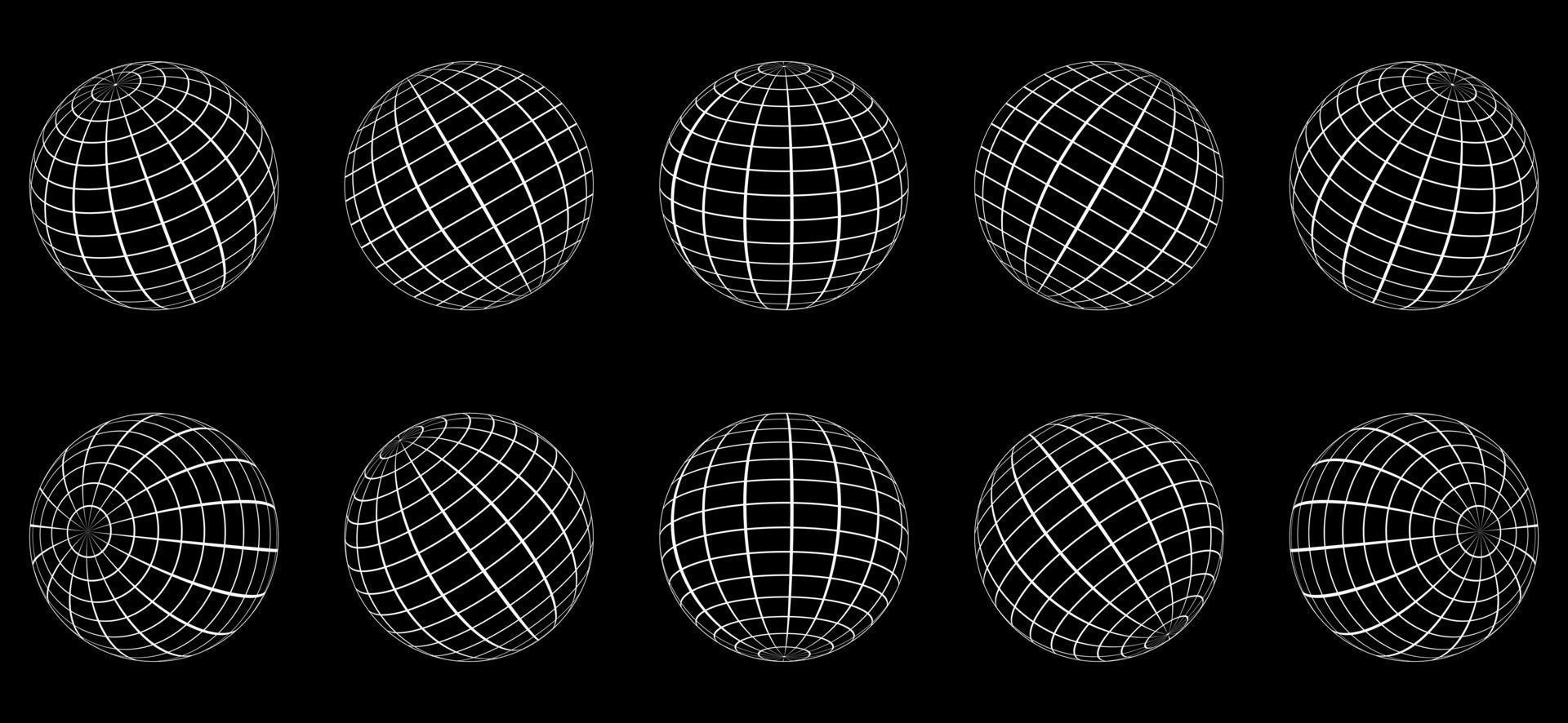 weiße Globus-Gitterkugel auf schwarzem Hintergrund. 3D-Draht globaler Breitengrad, Längengrad. kabelgebundene Leitung 3D-Planet-Globus. geometrische runde gittermaschenkugel. Wireframe-Globus-Oberfläche. isolierter Vektor