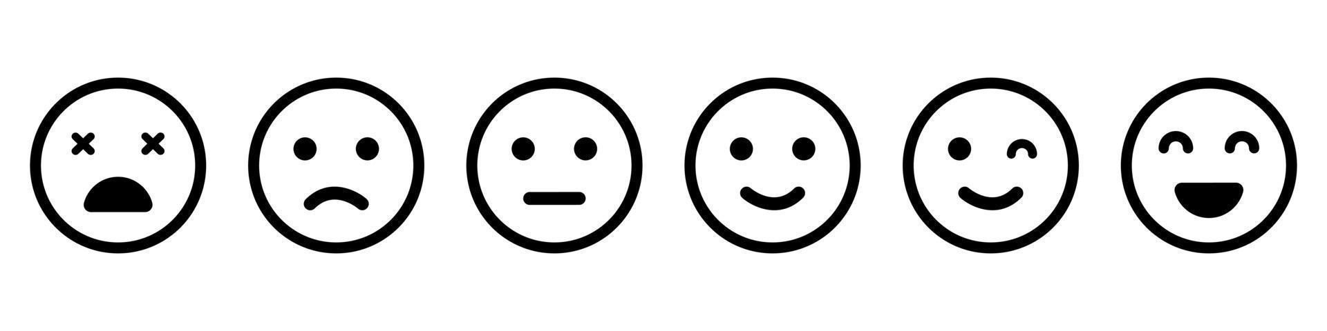 Emoticons-Linie-Icon-Set. positives, glückliches, lächeln, trauriges, unglückliches gesichterpiktogramm. einfache Emoji-Sammlung. Kunden-Feedback-Konzept. gute und schlechte Laune. isolierte Vektorillustration. vektor