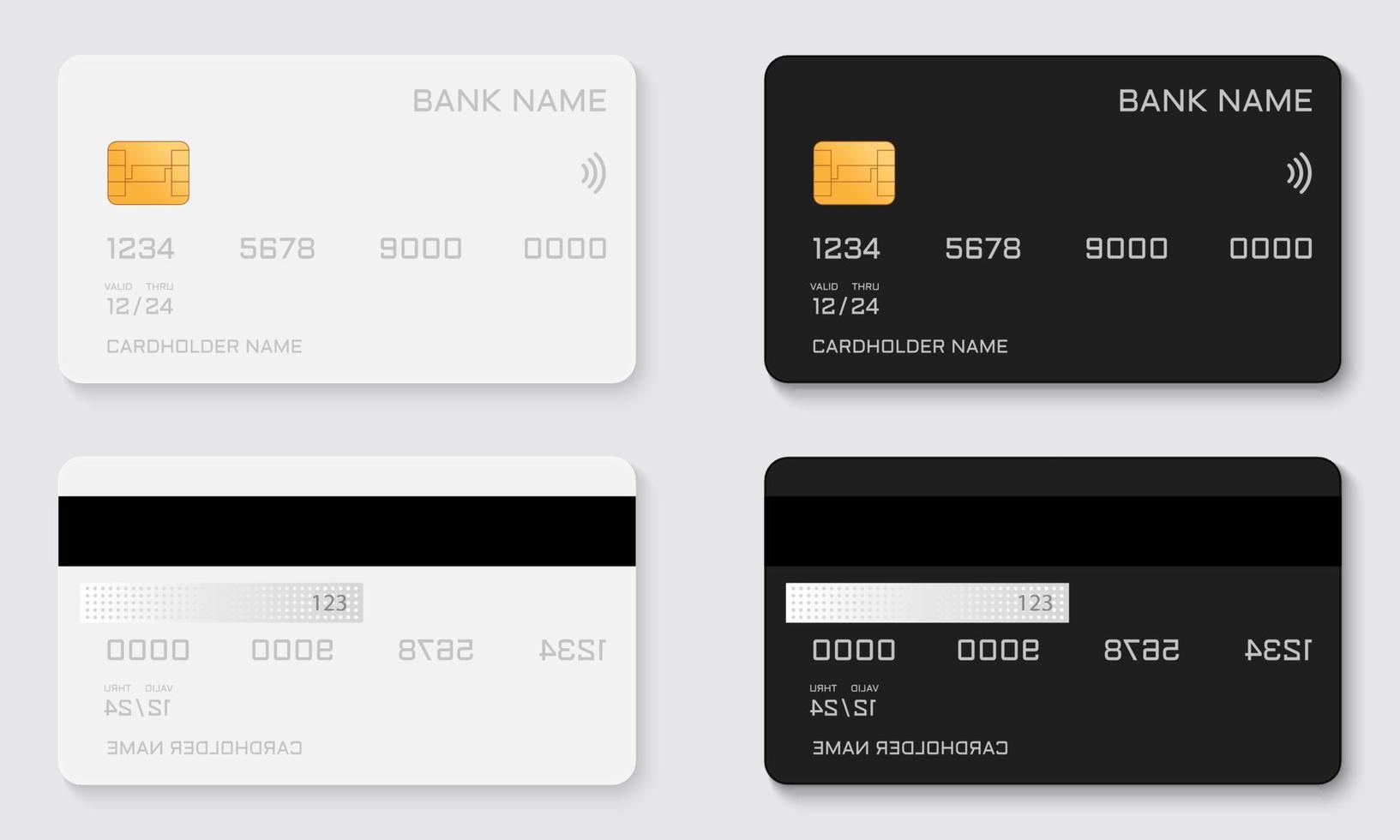 svart och vit mock up av bankkort. plast kredit- eller betalkort med gyllene chip mockup. två sidor av plast kreditkortsmall. e-handel koncept. isolerade vektor illustration.