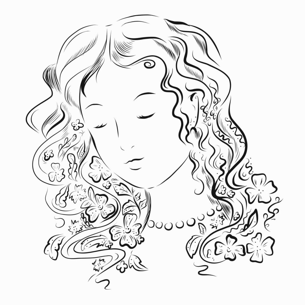 Porträt eines Mädchens mit Blumen im Haar im Stil von Linien. vektor