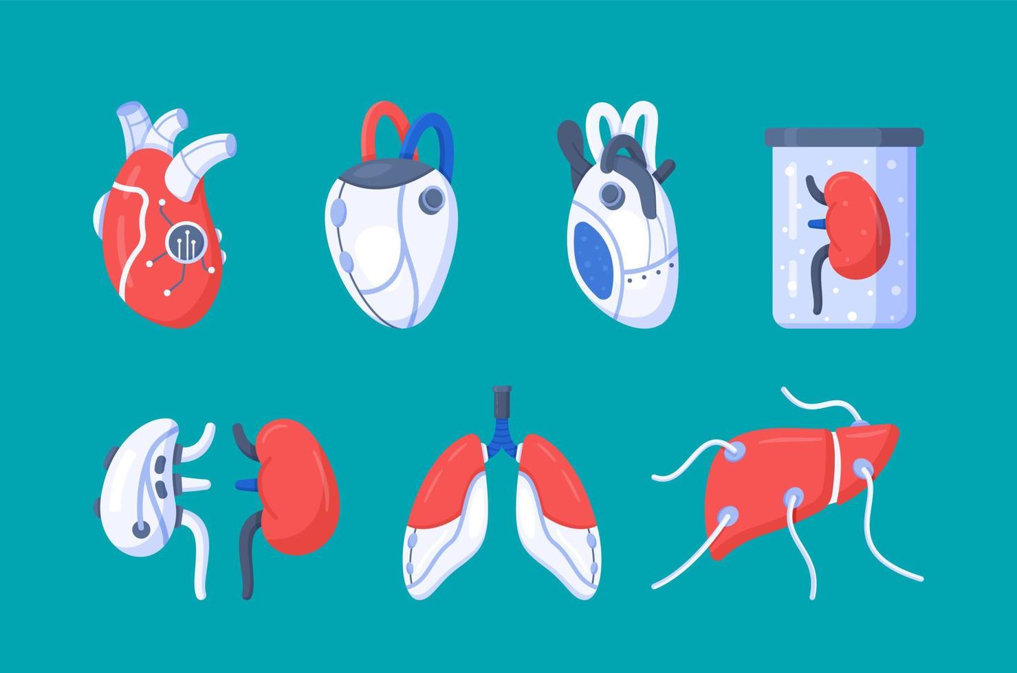 vektor illustration av de konstgjorda organen. njur-, lever-, hjärta-, lung- och andra organtransplantationer.