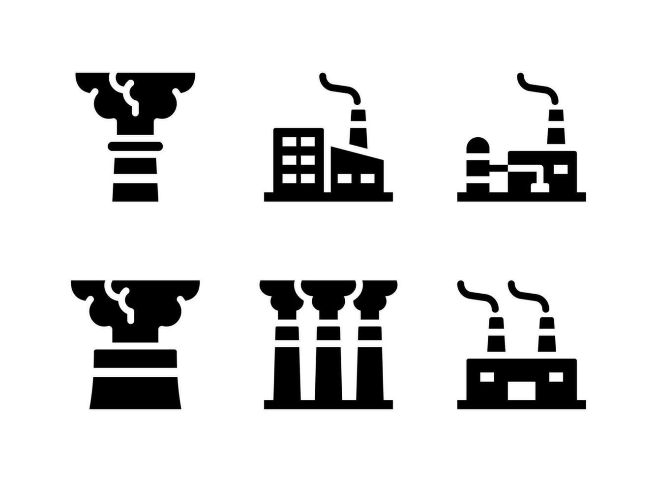 einfacher Satz fabrikbezogener Vektor-Solid-Icons. enthält Symbole wie Luftverschmutzung, Industriegebäude und mehr. vektor