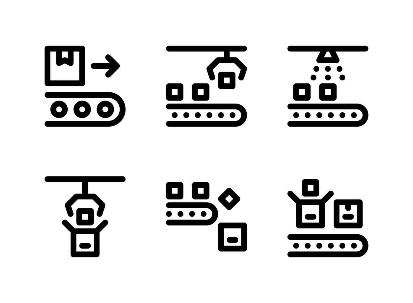 einfacher Satz von werksbezogenen Vektorliniensymbolen. enthält Symbole wie Förderband, automatische Maschine, Verpackung und mehr. vektor