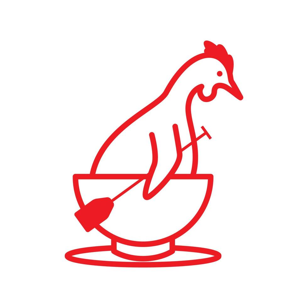 Huhn mit Schüssellinie Cartoon-Logo-Design, Vektorgrafik-Symbol-Icon-Illustration kreative Idee vektor