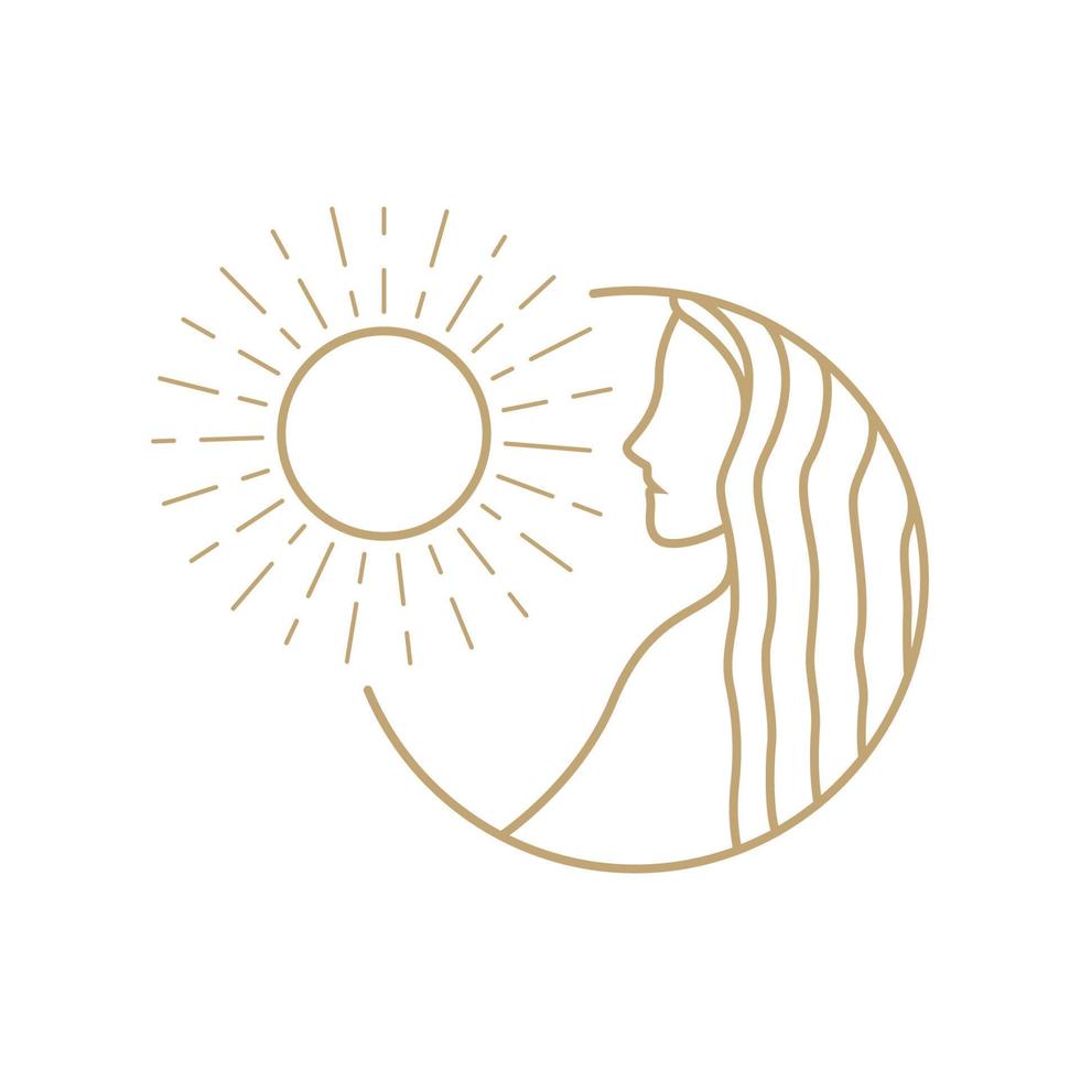 lyx kvinna med långt hår och sol hipster logotyp design, vektorgrafisk symbol ikon illustration kreativ idé vektor