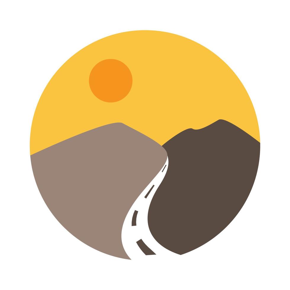 berg mit straßenweg und sonnenuntergang logo design vektor symbol symbol illustration