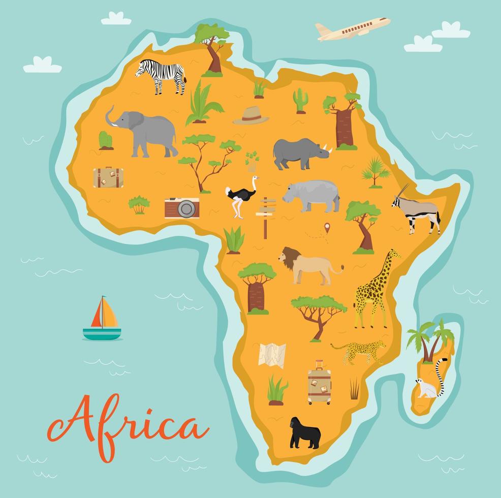 Karte von Afrika mit wilden Tieren und Pflanzen. Reisesymbole. Zebra, Giraffe, Elefant, Nilpferd, Strauß, Giraffe, Löwe, Gepard, Lemur, Nashorn, Antilope. Baobab und Palmen. vektor