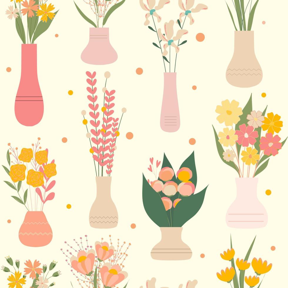 nahtloser hintergrund von wilden und garten blühenden blumen in vasen. satz von dekorativen floralen designelementen. flache Cartoon-Vektor-Illustration. vektor