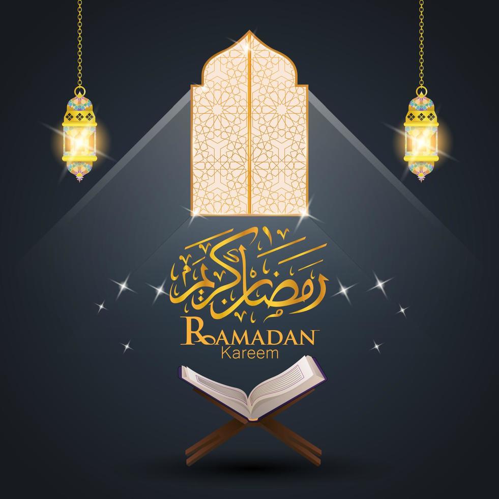 ramadan kareem bakgrundsdesign. vacker gyllene kalligrafi, glänsande fönster och al-Koranen vektor
