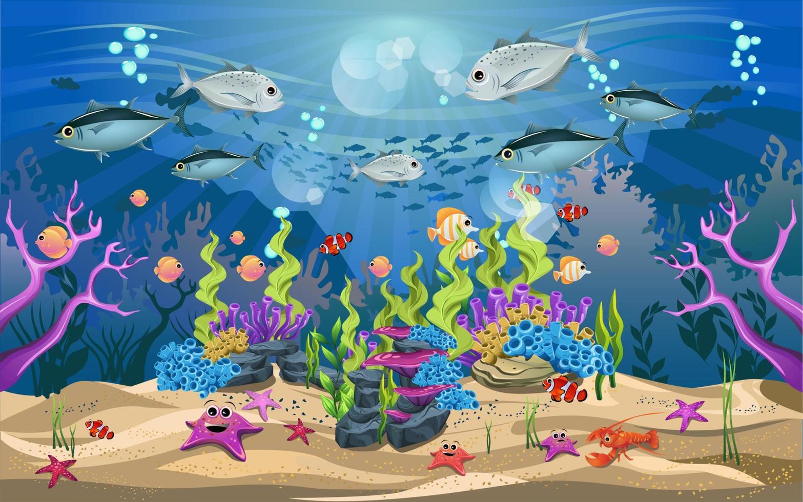 Leben und schöne Ökosysteme im Ozean. die Schönheit des Unterwasserlebens mit verschiedenen Tieren und Lebensräumen. Meereslebewesen ist leuchtend und farbenfroh. vektor