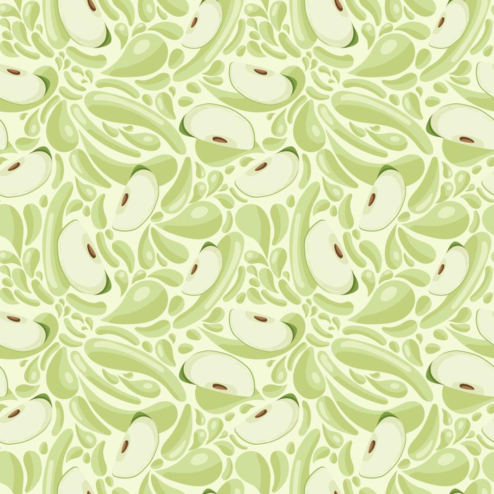 Fruchtnahtloses Muster für Textilprodukte, Apfelstücke mit Saftspritzern, Apfelsmoothie im flachen Stil. vektor