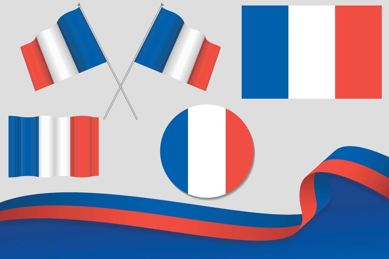 satz von frankreich-flaggen in verschiedenen designs, symbol, häutende flaggen mit band mit hintergrund. kostenloser Vektor