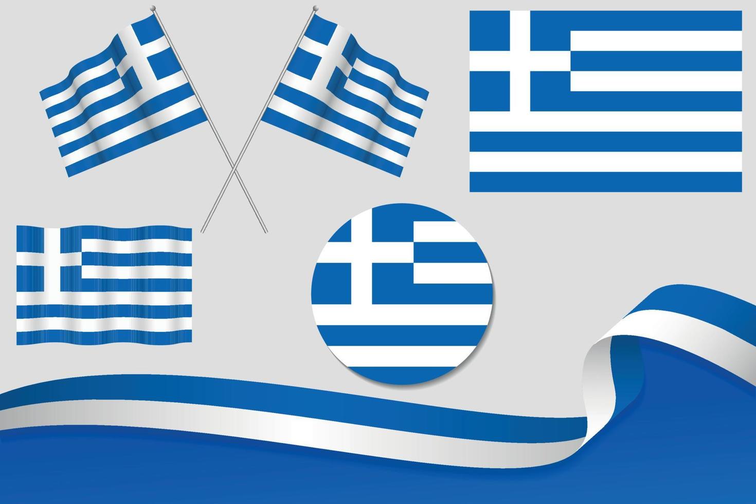 Satz griechischer Flaggen in verschiedenen Designs, Symbol, enthäutende Flaggen mit Band mit Hintergrund. kostenloser Vektor