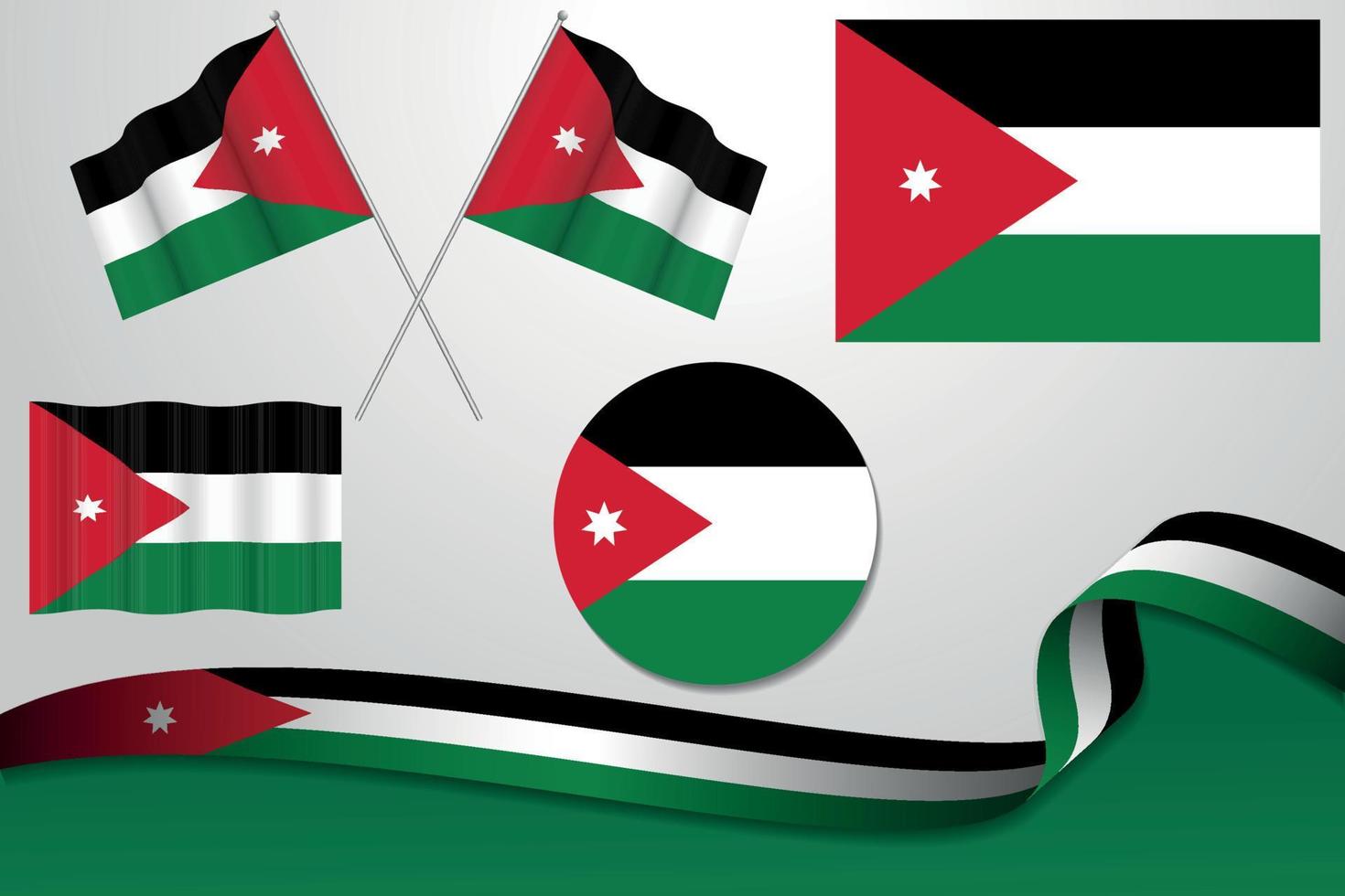 satz von jordanien-flaggen in verschiedenen designs, symbol, häutende flaggen mit band mit hintergrund. kostenloser Vektor
