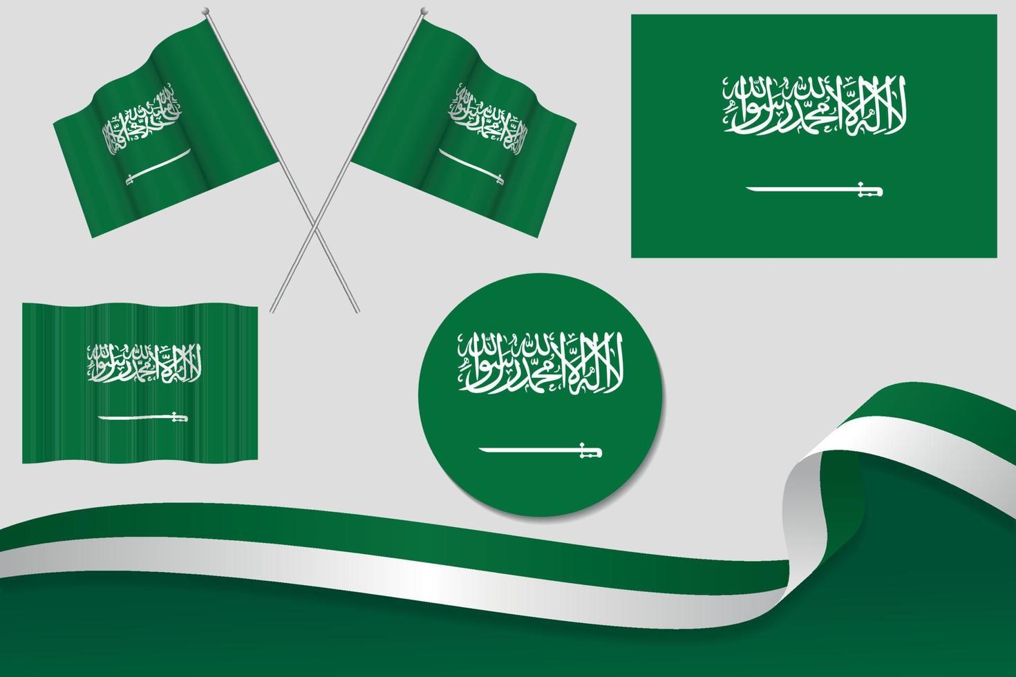 satz von saudi-arabien-flaggen in verschiedenen designs, symbol, enthäutende flaggen mit band mit hintergrund. kostenloser Vektor