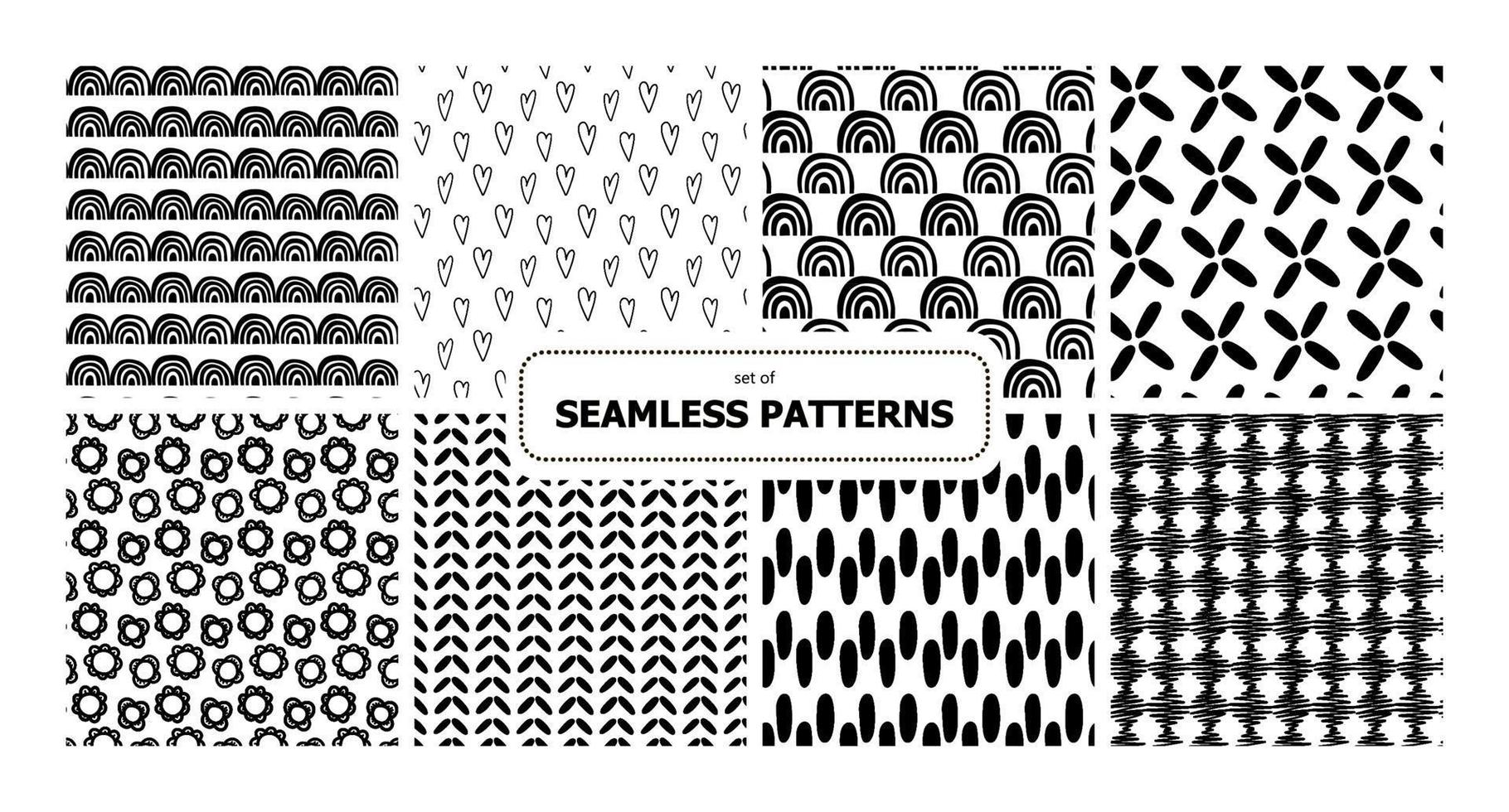 satz von nahtlosen mustern des vektors. Oberflächengestaltung, die Fliese wiederholt. Schwarz und weiß. gekritzel flugzeug hand gezeichnete striche herzen blumen verzierung. hintergrund für karten, druck auf papier und stoff. vektor