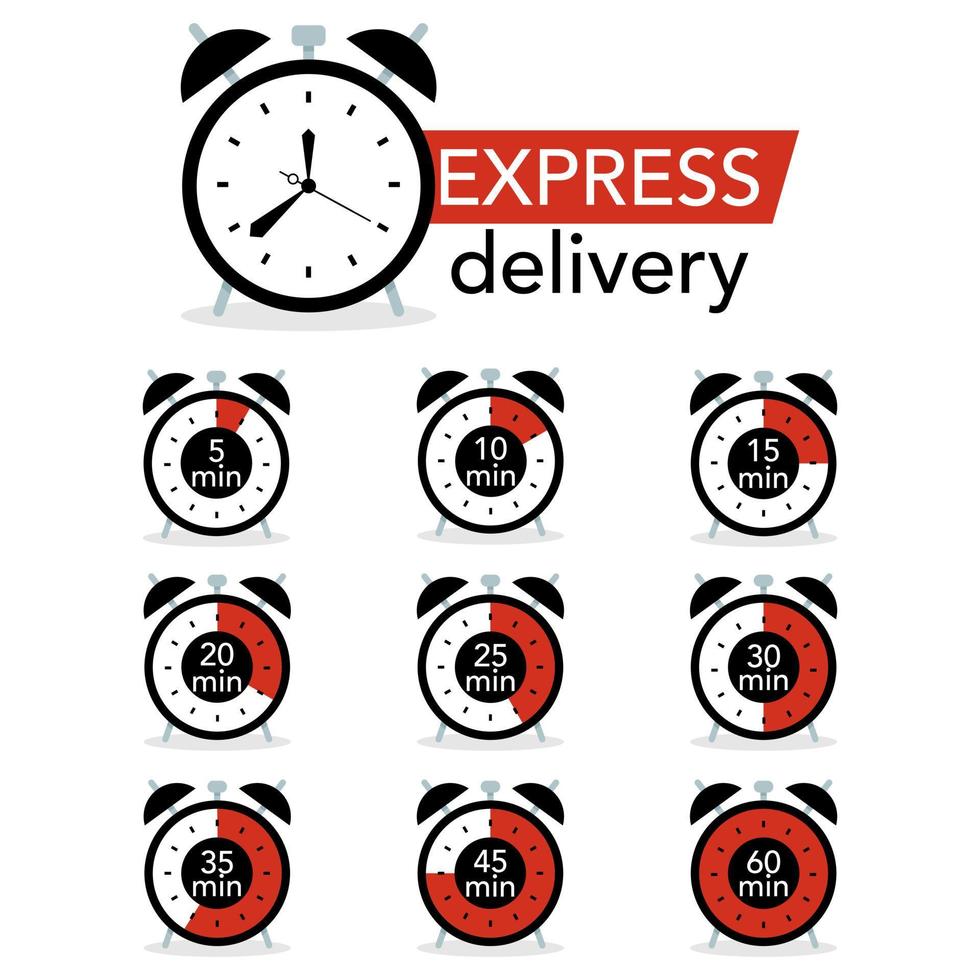 Expressversand-Icon-Set für Website oder App. Uhr mit Expressversandaufschrift. Stoppuhr oder Timer mit fester Lieferzeit in Minuten. vektor