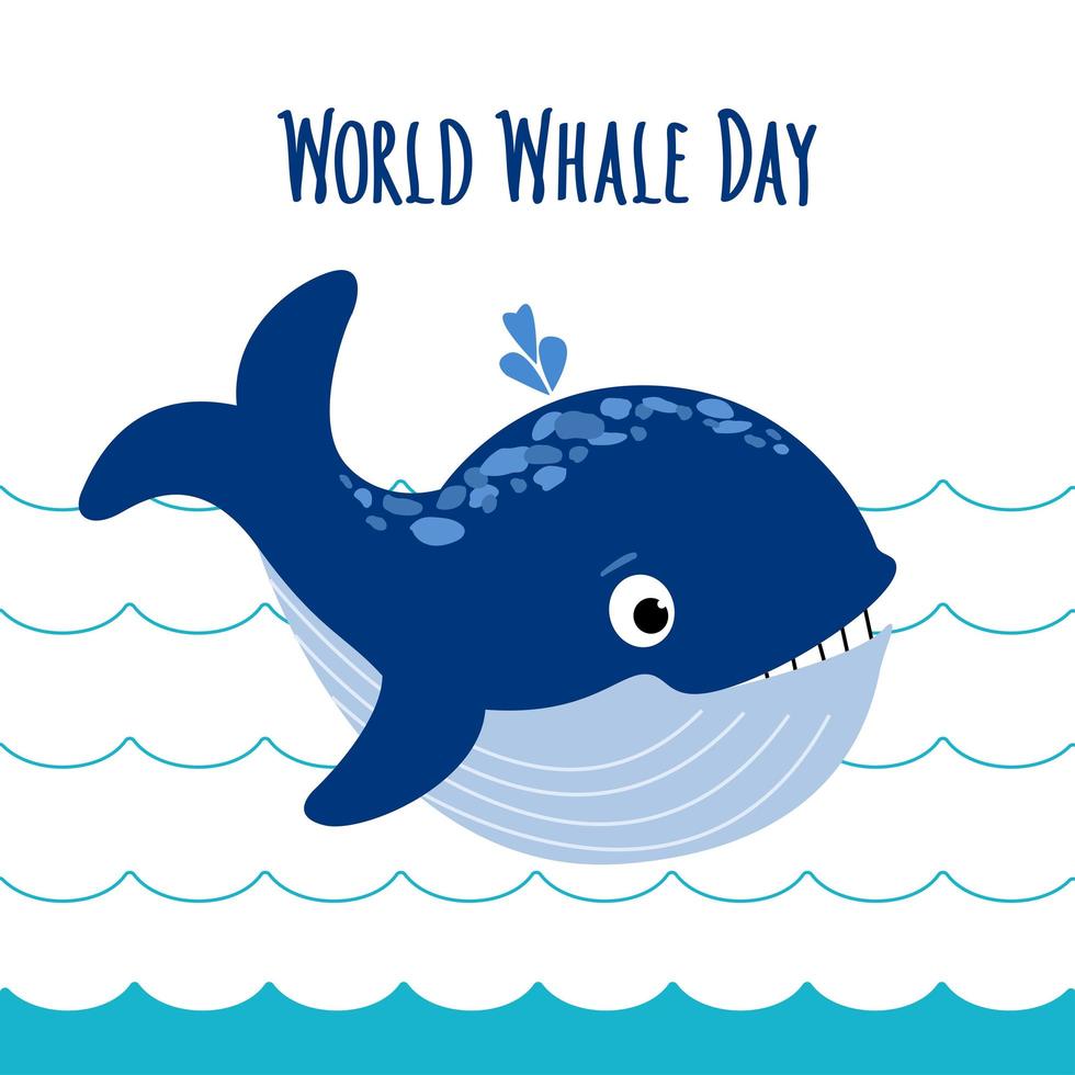 söt val som blåser fontän i det blå havets vågor. World Whale Day handskrivna bokstäver. världen valar dag abstrakt tecken och baby-whale. skydd av marina däggdjur. platt vektor illustration