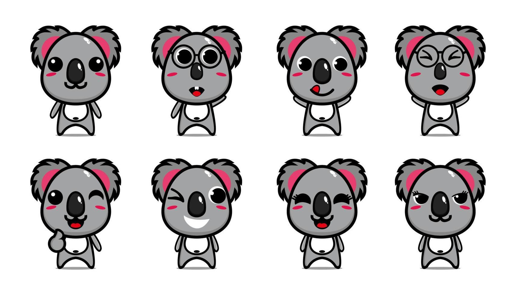 set samling av söt koala maskot design. isolerad på en vit bakgrund. söt karaktär maskot logotyp idé bunt koncept vektor