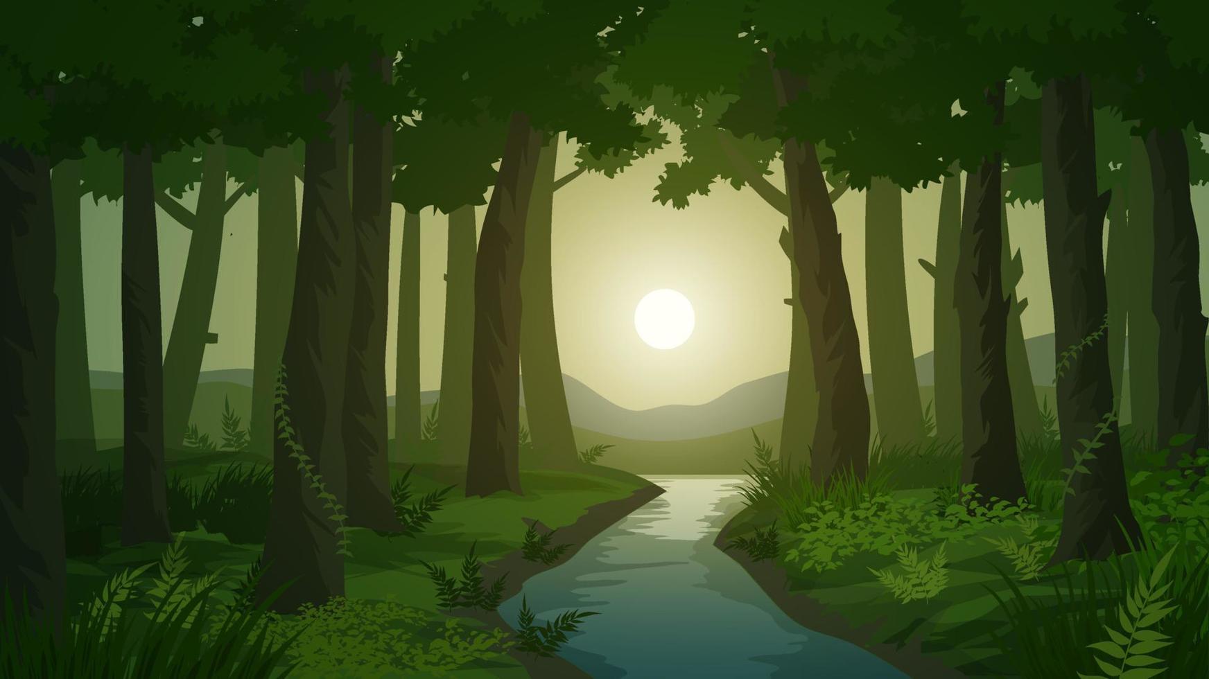 Fluss fließt durch Wald mit Sonnenaufgang vektor