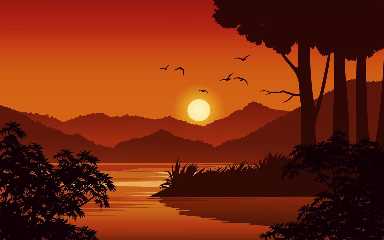 solnedgång landskap av skog och sjö med kullar och fåglar vektor