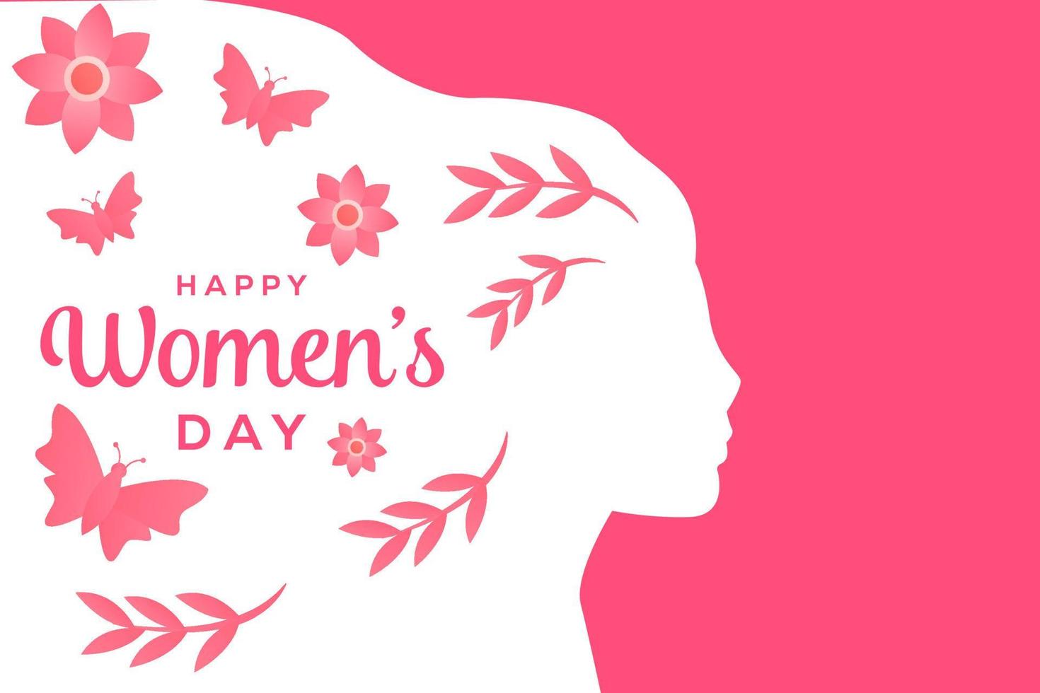 glad kvinnodag illustration med kvinna siluett, löv, fjäril och blomma vektor