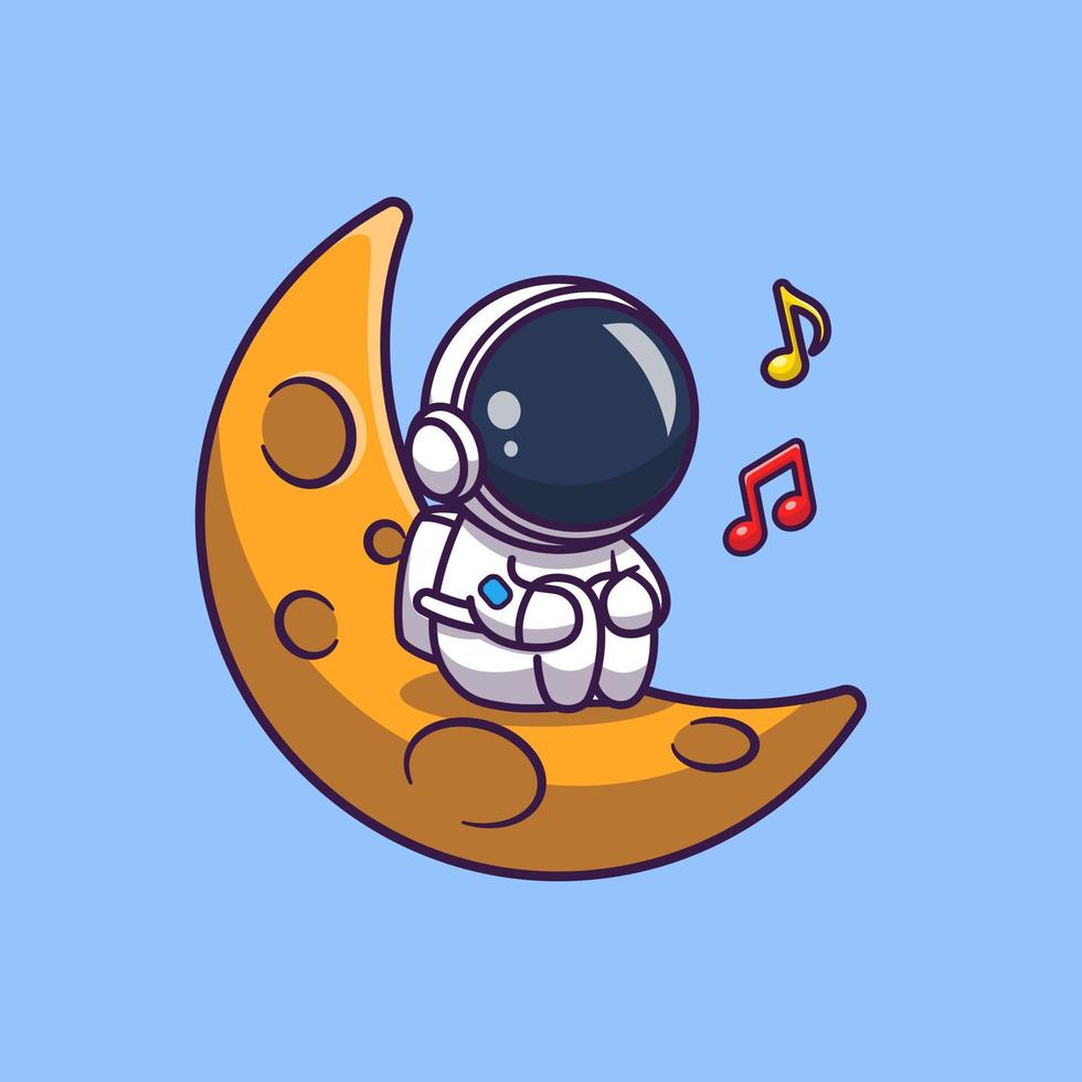 söt astronaut lyssnar musik på månen tecknad vektor ikonillustration. vetenskap teknik ikon koncept isolerade premium vektor. platt tecknad stil