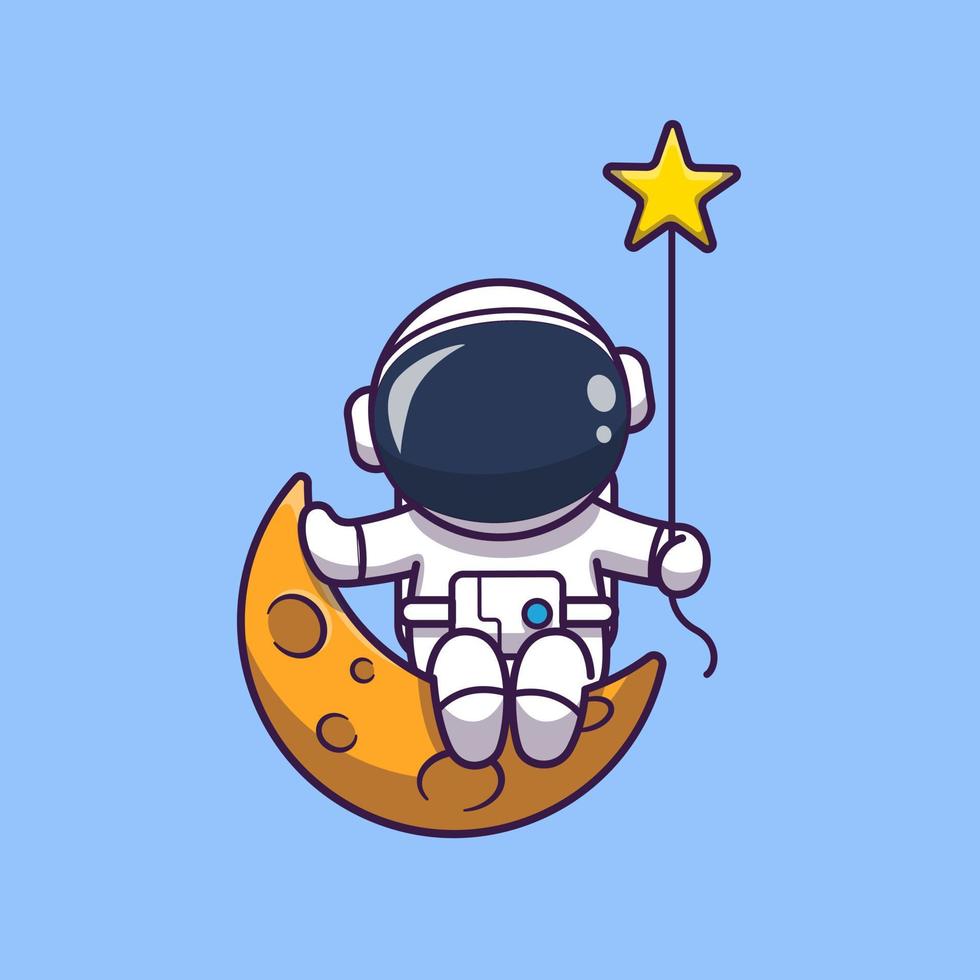 niedlicher astronaut, der auf dem mond sitzt, mit sternkarikatur-vektorsymbolillustration. Symbolkonzept für Wissenschaftstechnologie isolierter Premium-Vektor. flacher Cartoon-Stil vektor