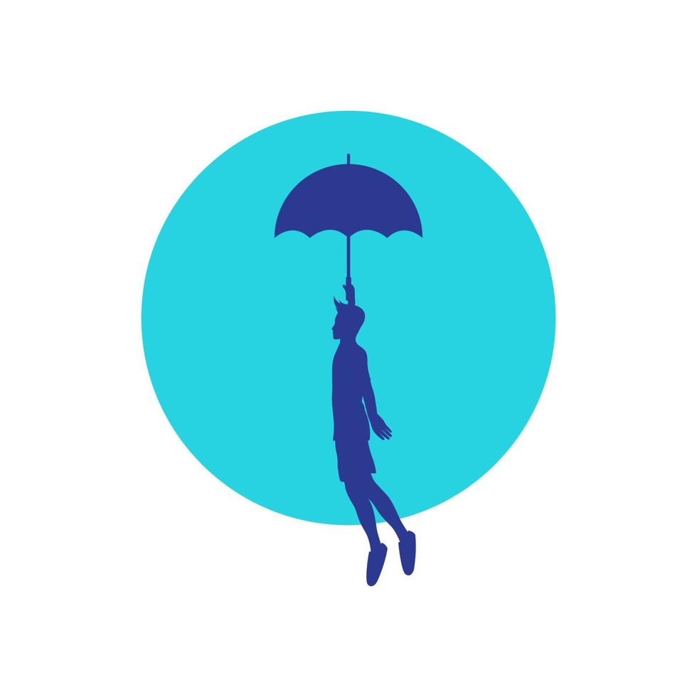 siluett ung man flyga med paraply logotyp design, vektor grafisk symbol ikon illustration kreativ idé