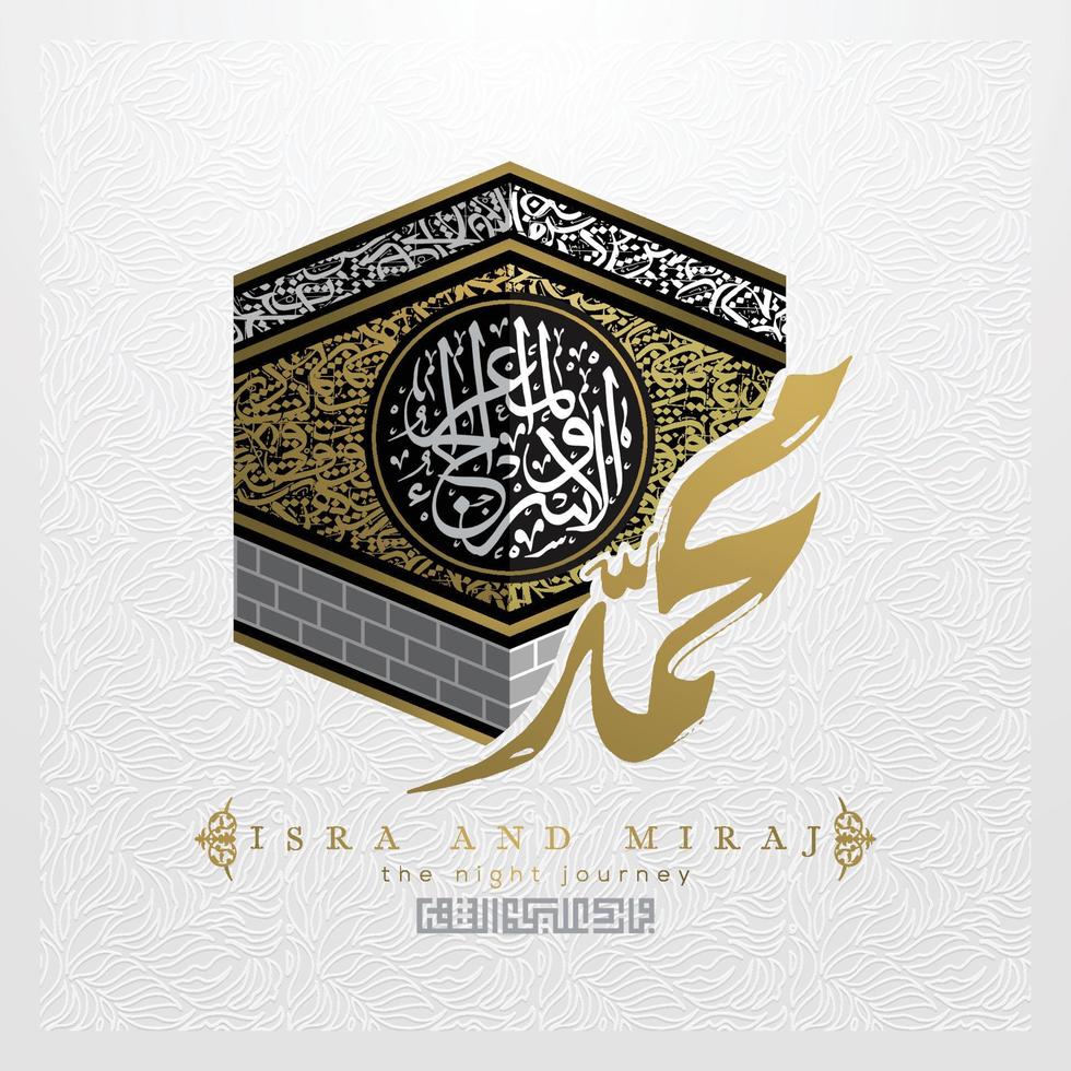 isra mi'raj gratulationskort islamiskt blommönster vektor design med glödande arabisk kalligrafi för bakgrund, tapet, banner. översättning av text två delar av profeten Muhammeds nattresa.