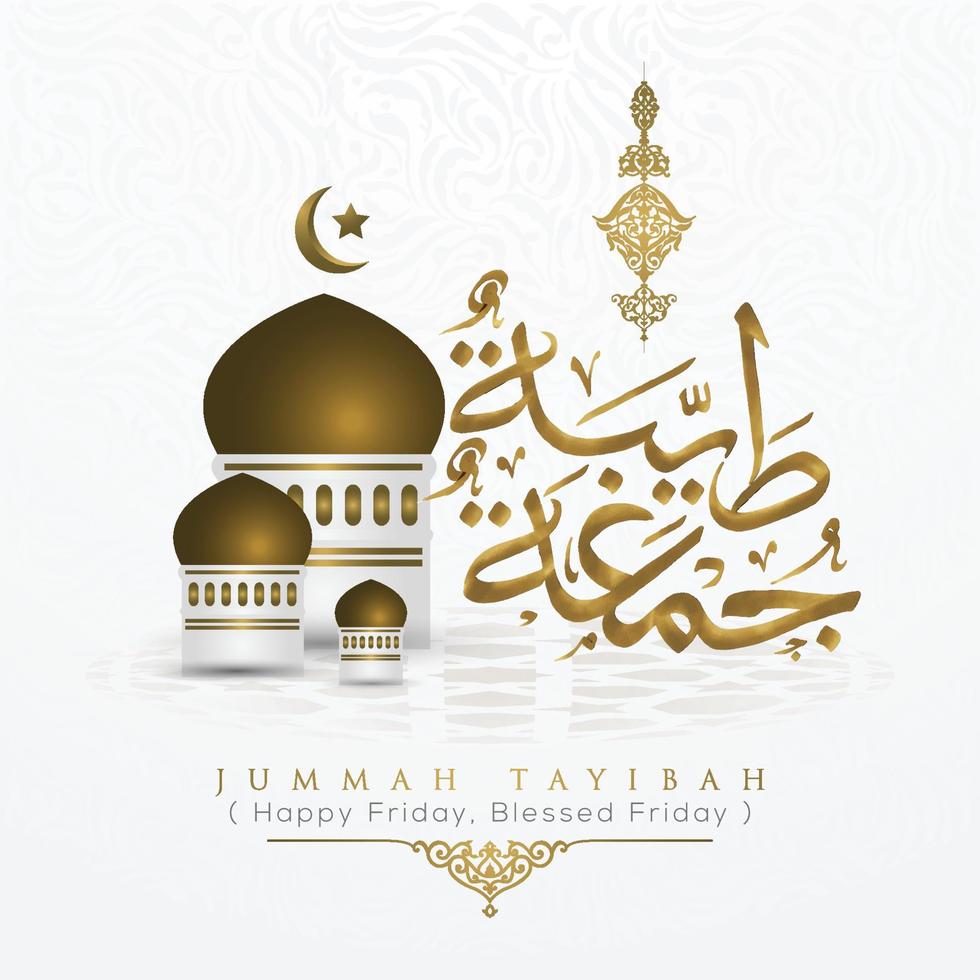 jummah tayibah glödande guld arabisk kalligrafi med blommönster vektor design och moské. kan också användas för kort, bakgrund, banderoll och omslag, tapeter. medelvärdet är välsignad fredag, glad fredag