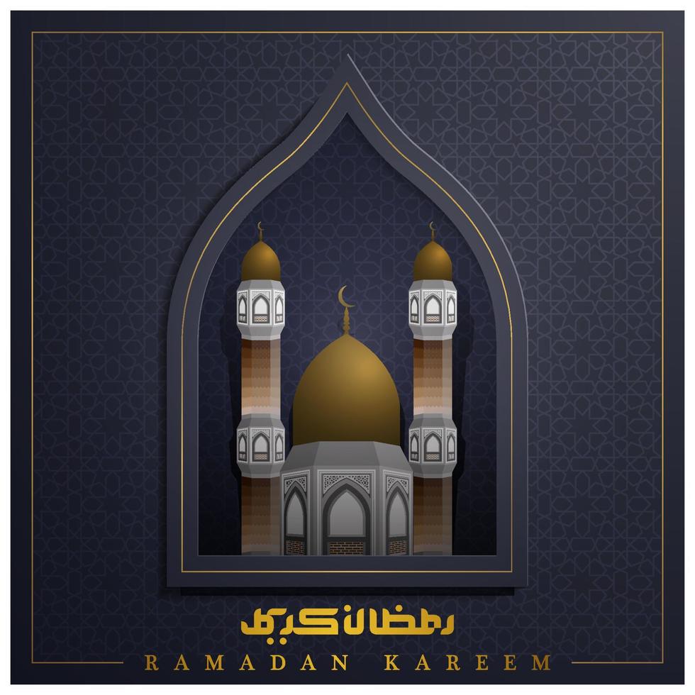 ramadan kareem grußkarte islamisches blumenmuster vektordesign mit schöner arabischer kalligraphie, mond und moschee für hintergrund, banner, tapete, flyer, dekoration, cover und brosur vektor