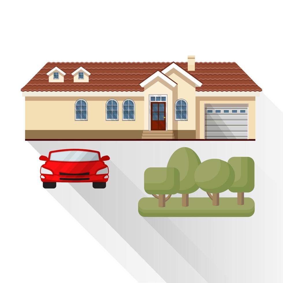 Wohnhaus, Auto und Bäume auf weißem Hintergrund. Vektor. vektor