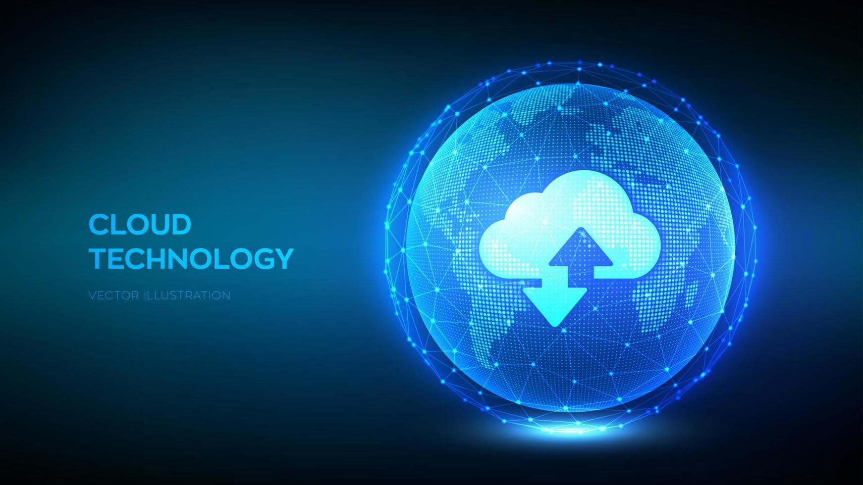 moln datateknik abstrakt koncept. molnlagringsikon med två pilar upp och ner på bakgrunden av världskartan. cloud computing-tjänst. global nätverksanslutning. vektor illustration.