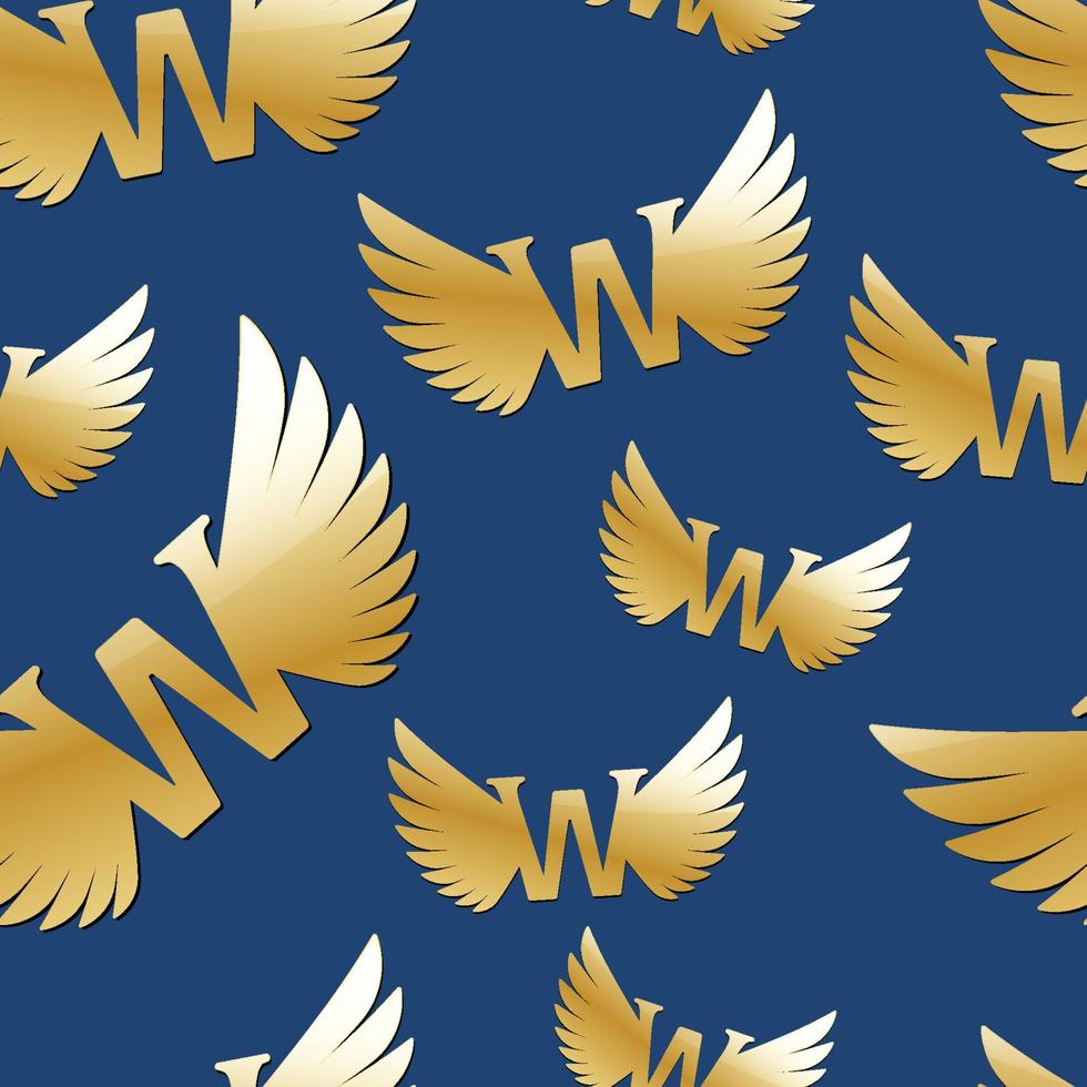 gyllene vingar med brev vektor seamless mönster. modern textur på blå bakgrund för företagsidentitet, varumärkeskort, inslagning.