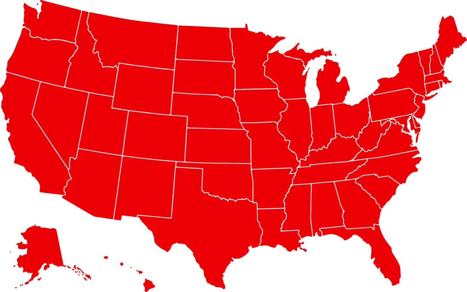 rot gefärbte Karte der Vereinigten Staaten von Amerika. politische usa-karte. vektor