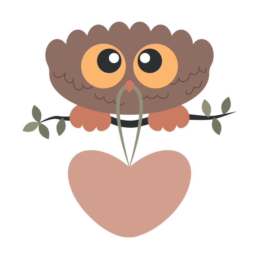 liten söt fågeluggla med stora ögon som sitter på grenen och håller ett stort hjärta i näbben vektor