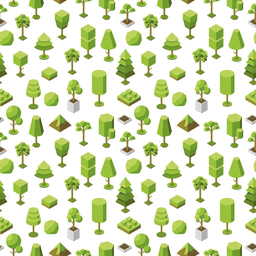 vektor sömlösa geometriska mönster av isometriska träd ikoner. samling av naturliga botaniska föremål. 3D-illustration av växter för parken, trädgården. konceptuell ekologisk bakgrund