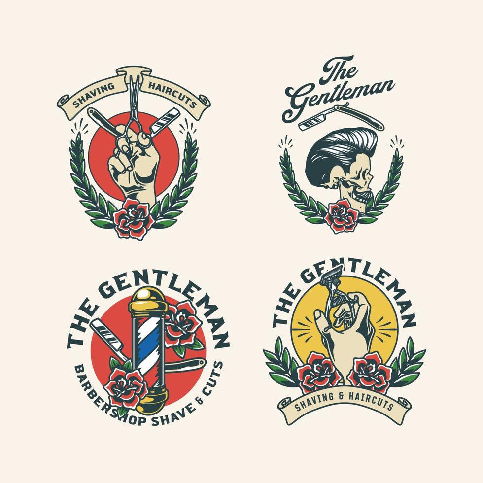 set handgezeichnete vintage barbershop rockabilly logo abzeichen vektor