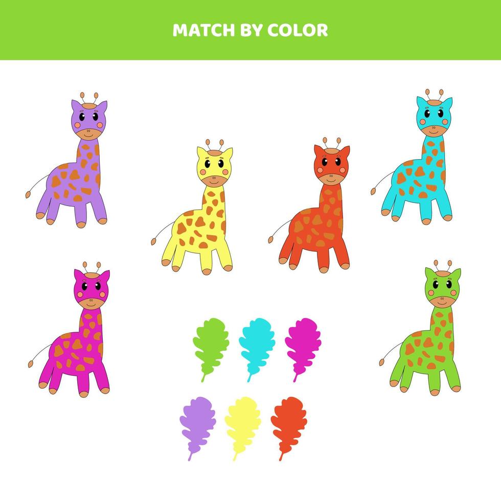Ordnen Sie Cartoon-Giraffen und Blätter der Farbe zu. Spiel für Kinder. vektor