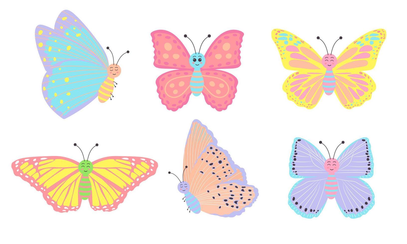 uppsättning söta färgglada leende fjärilar. flygande insekter. seriefigurer. vektor