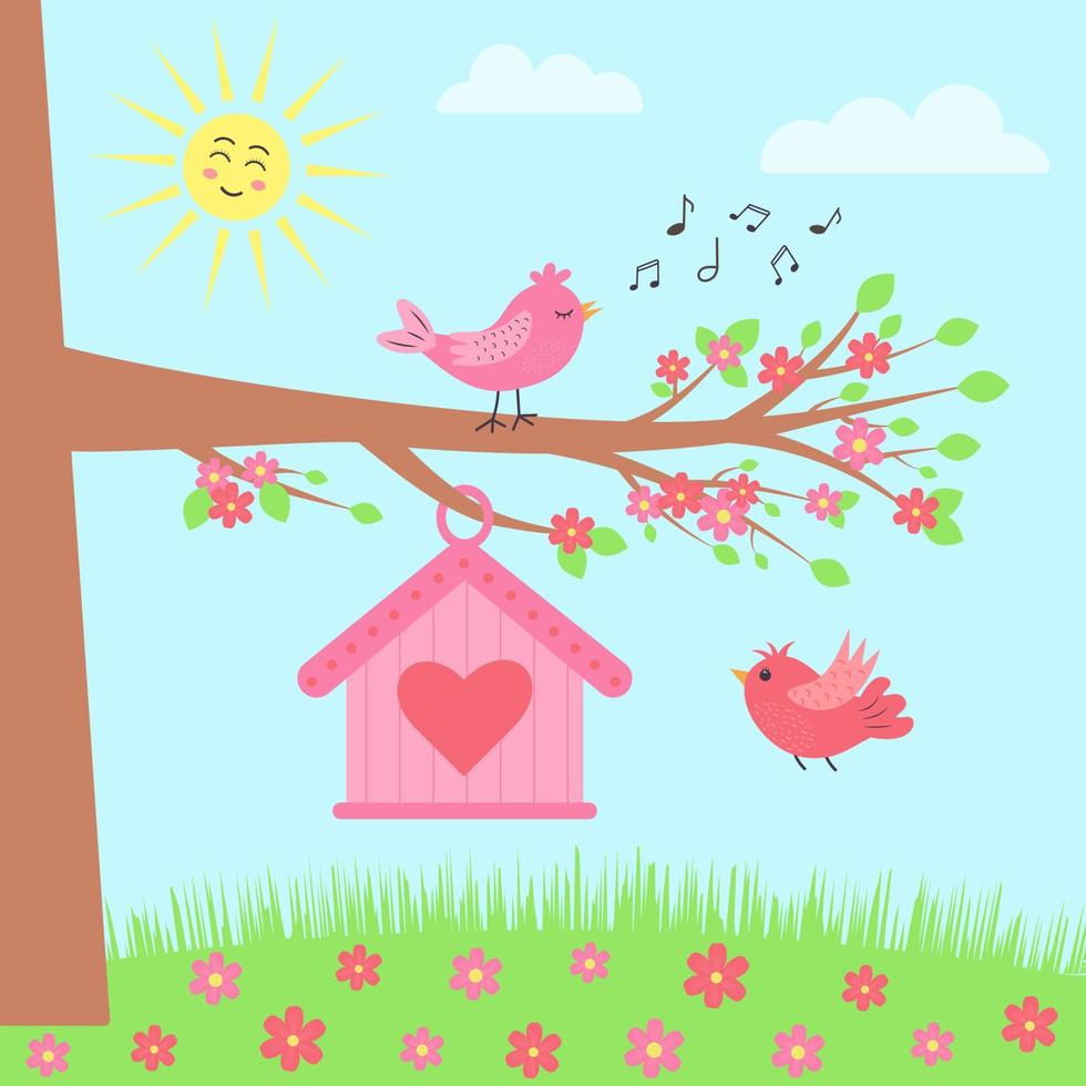 Wiese mit Baum, Blumen, Vogelhaus und Vögeln. Frühling. Cartoon-Sonne scheint. Vögel fliegen und singen. vektor