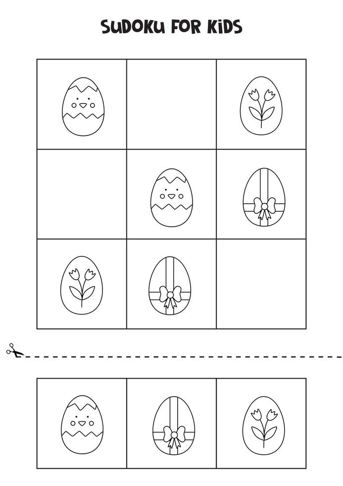 Schwarz-Weiß-Sudoku-Spiel mit Cartoon-Ostereiern für Kinder. vektor